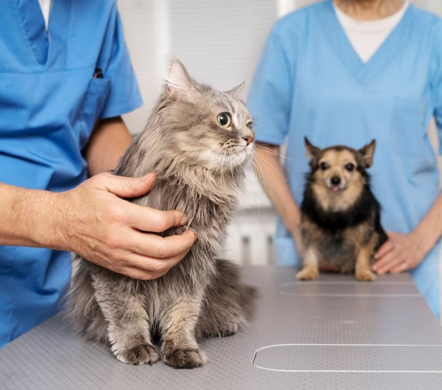 médicos asistiendo a gatos y perros